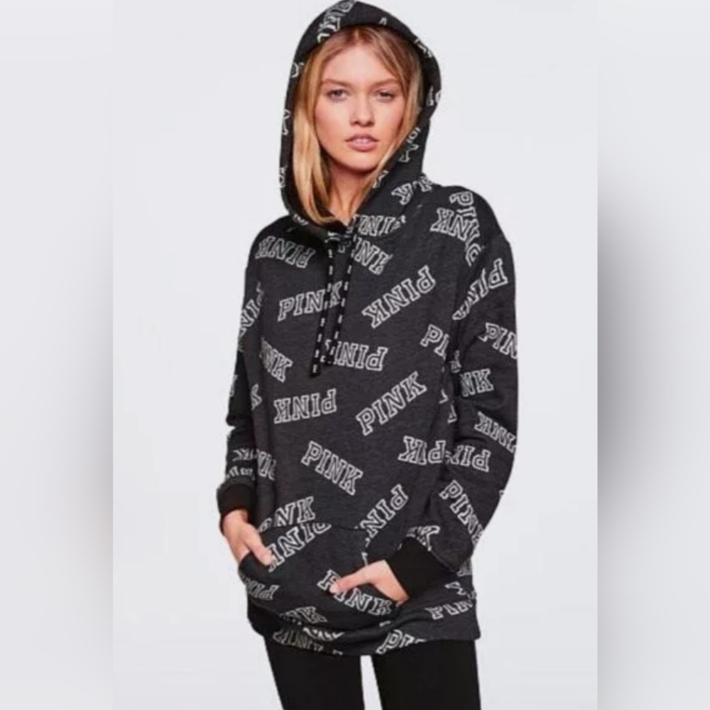 PINK Victoria Secret Sherpa lined pullover hoodie Lg black White